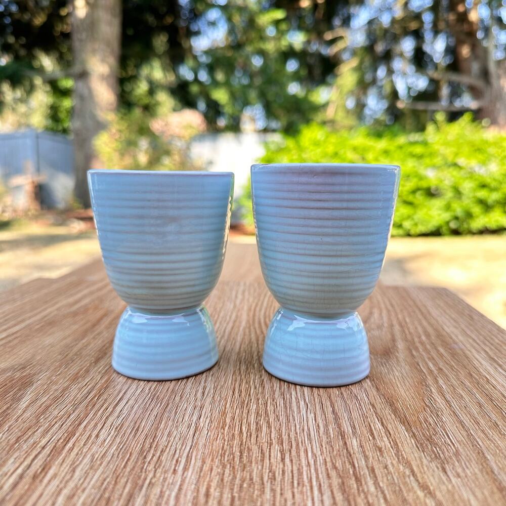 Vintage Arabia Finland Pottery 4" Ribbed Egg Cups MCM Minimalist Light Blue